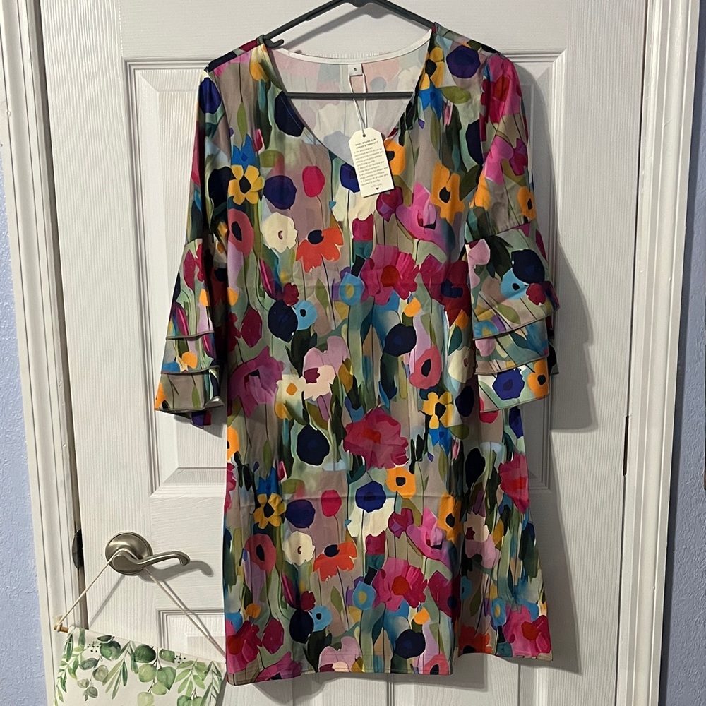Floral Multicolor Satin Dress with Bell Sleeves